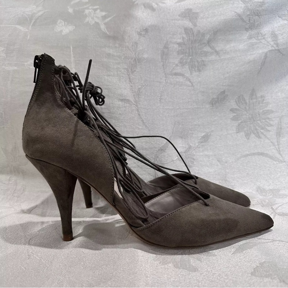 Zara Basic Point Toe Lace Up Pumps Heels Green Olive Suede Size 40
